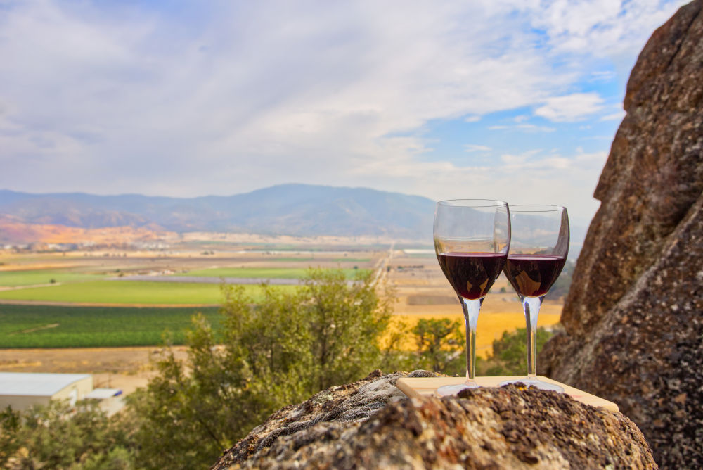 Two glasses of wine overlooking Cummins valley
