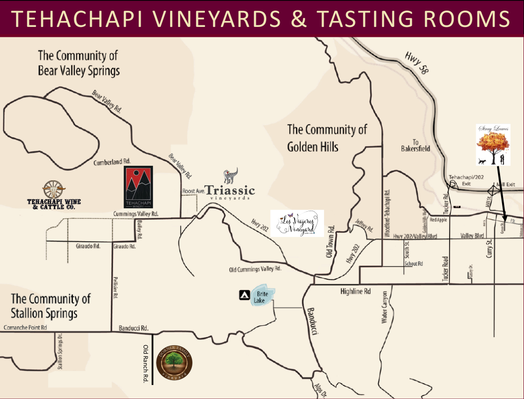 Map of the wine tasting rooms in the tehachapi AVA